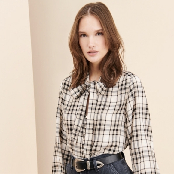 Sanctuary Kiera Tie Neck Blouse - Flirty Tan & Black 1X - Picture 1 of 7